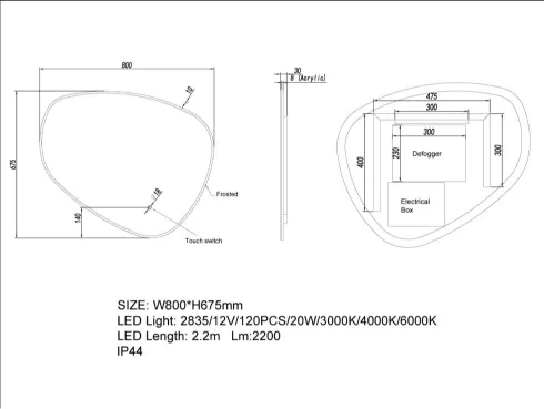 800×675 mm 3-Color Front & Backlit Asymmetrical Acrylic LED Mirror
