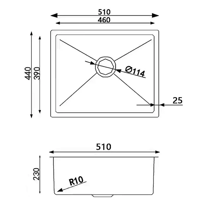 Aquaperla Round Corner Dark Grey Stainless Steel Handmade Single Bowl Kitchen Sink 510*440*230mm(with dark grey waste)