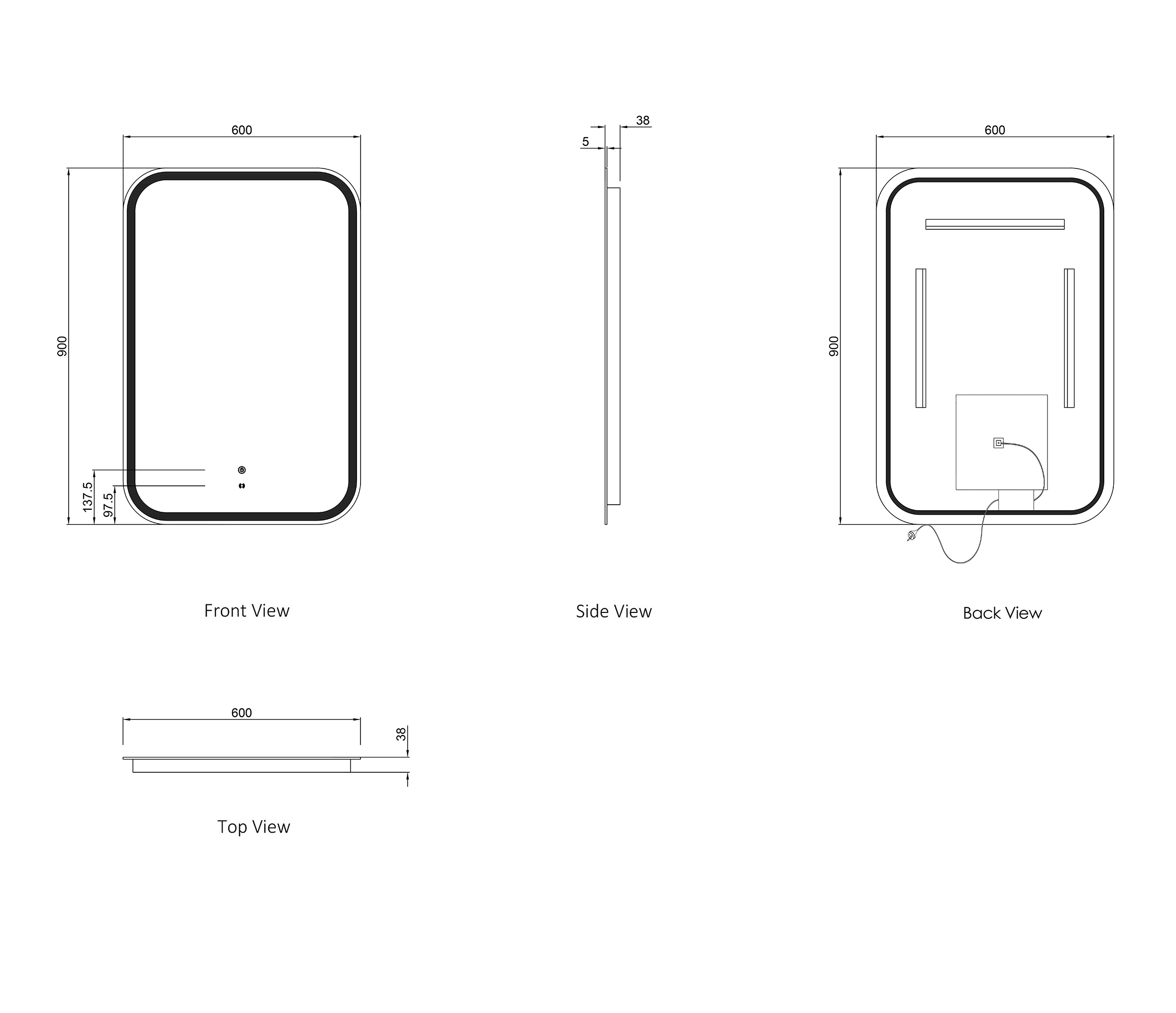 OTTI LED Newport 900(H)x600(W) Frameless Tuffi Mirror - Install Horizontal or Vertical