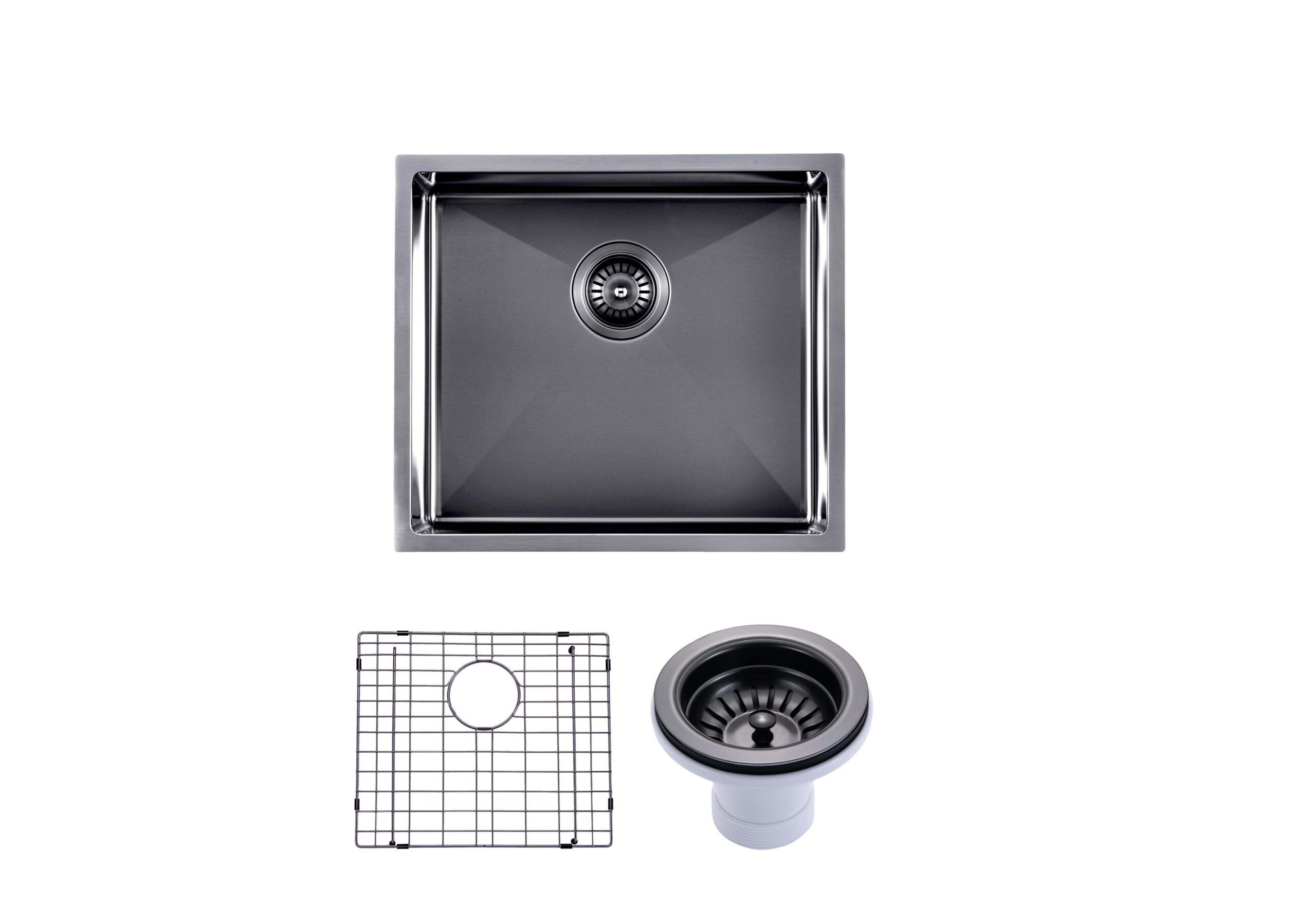 (C-500 Black)Round Corner Stainless Steel Gun Metal Grey PVD Coating Single Bowl Kitchen Sink(with Bottom Tray) 500*440*230mm