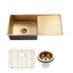 Aquaperla Round Corner Stainless Steel Brushed Brass PVD Coating Single Bowl with Drain Board Kitchen Sink(with Bottom Tray) 960*450*230mm