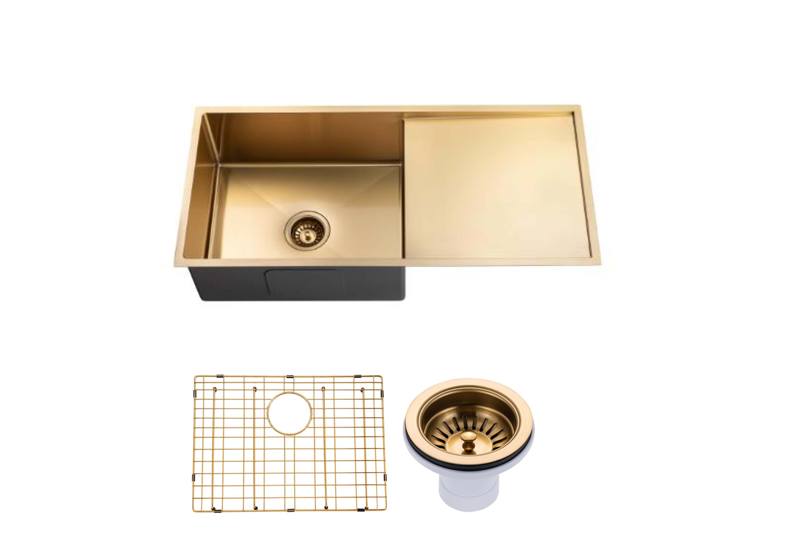 (C-960 Gold)Round Corner Stainless Steel Brushed Brass PVD Coating Single Bowl with Drain Board Kitchen Sink(with Bottom Tray) 960*450*230mm