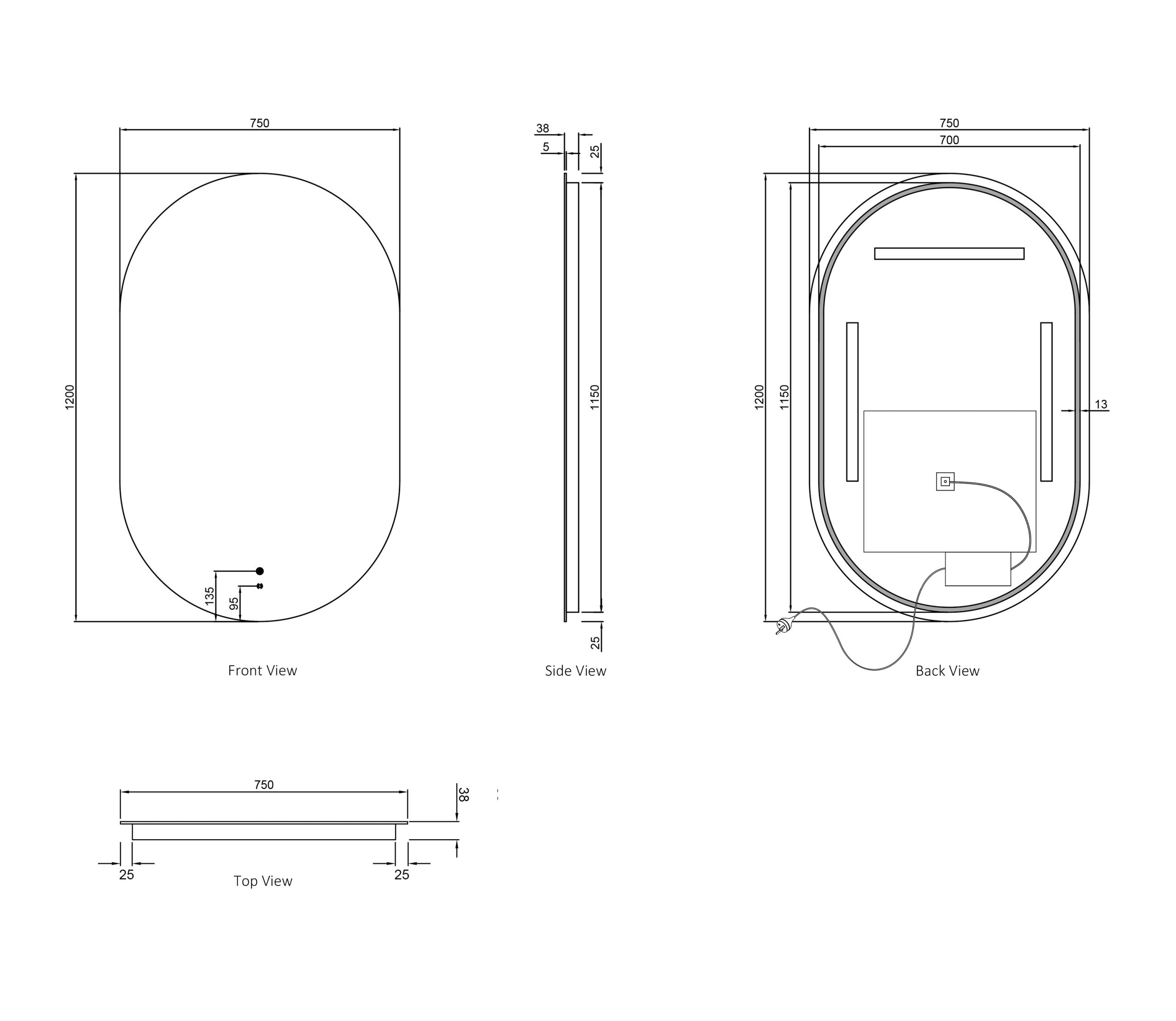 OTTI LED Noosa 1200(W)x750(H) Frameless Tuffi Mirror - Install Horizontal or Vertical