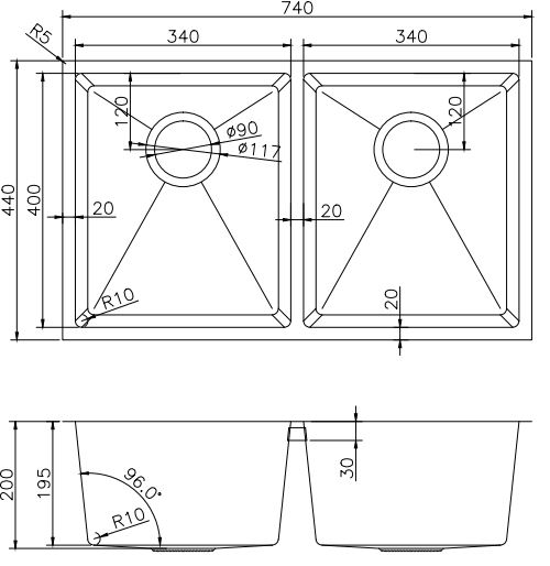 Round Corner Chrome Stainless Steel Handmade Double Bowl Kitchen Sink 740*440*200mm