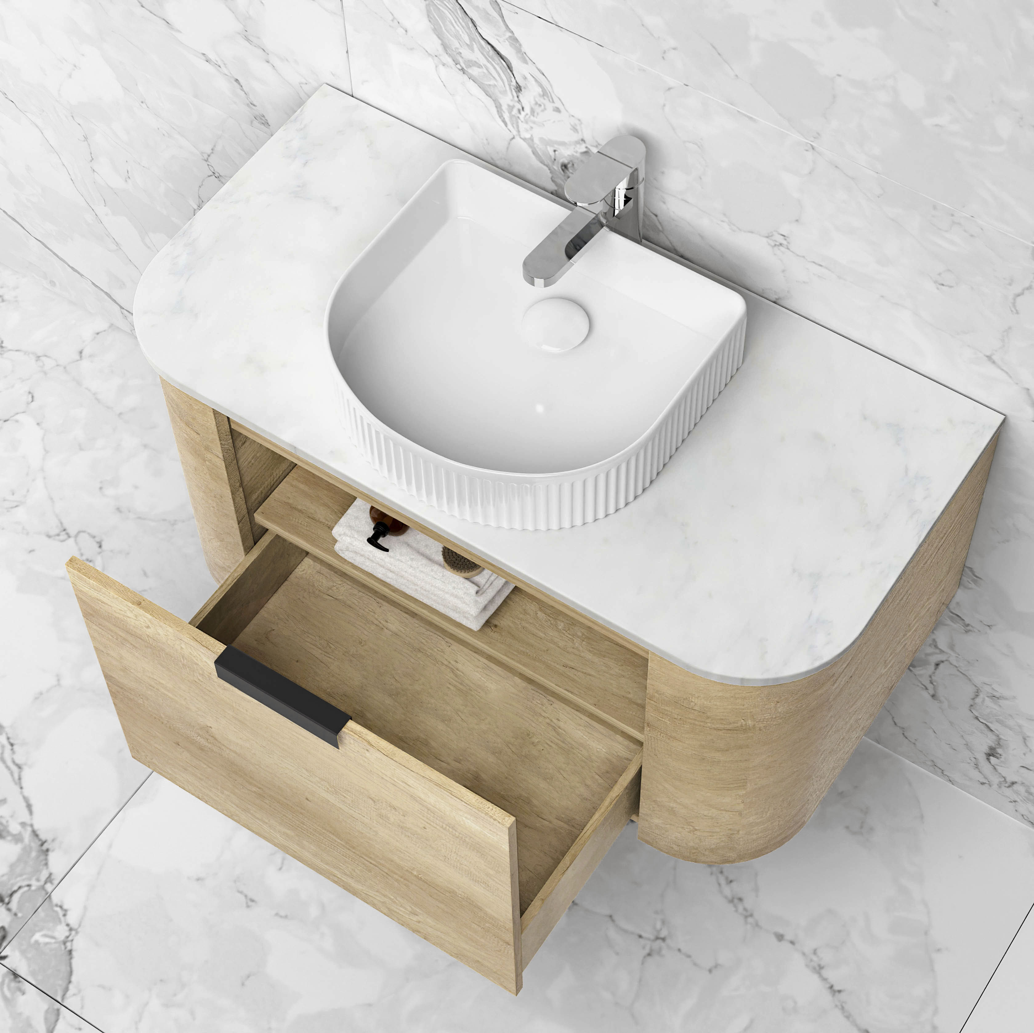 Bondi 900mm Natural Oak Wall Hung Curve Vanity