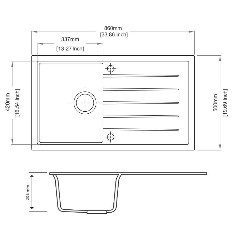 Concrete Grey Carysil Vivaldi D-100 Granite Single Bowl with Drain Board Stone Kitchen Sink 860*500mm