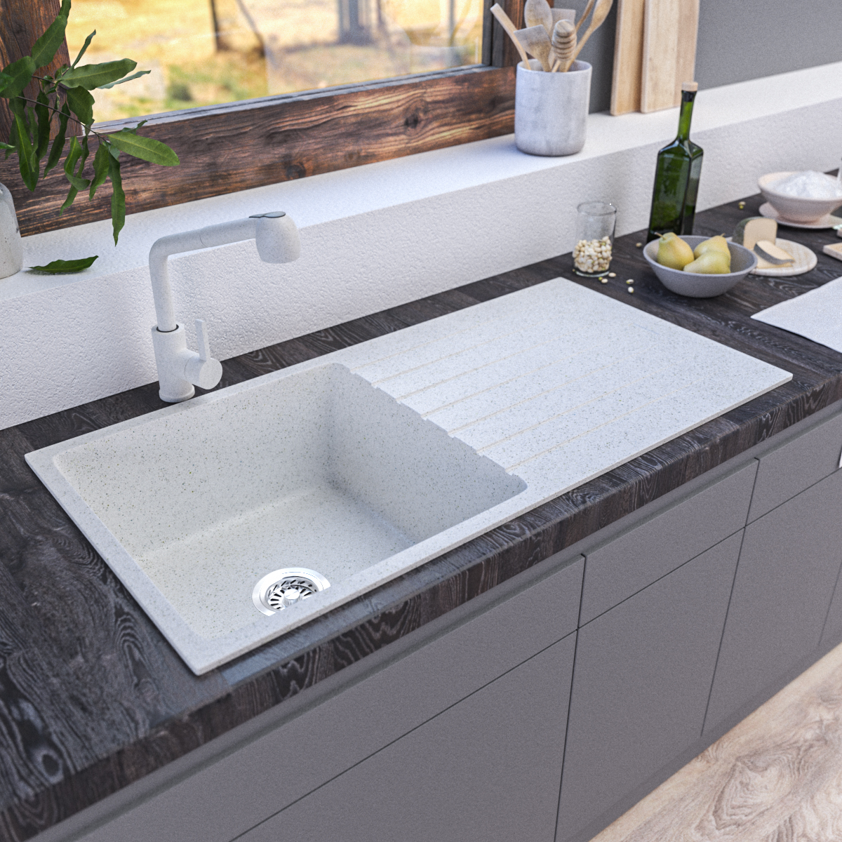 1000x500White Single Bowl Granite Sink with Drainer – Scratch & Stain Resistant