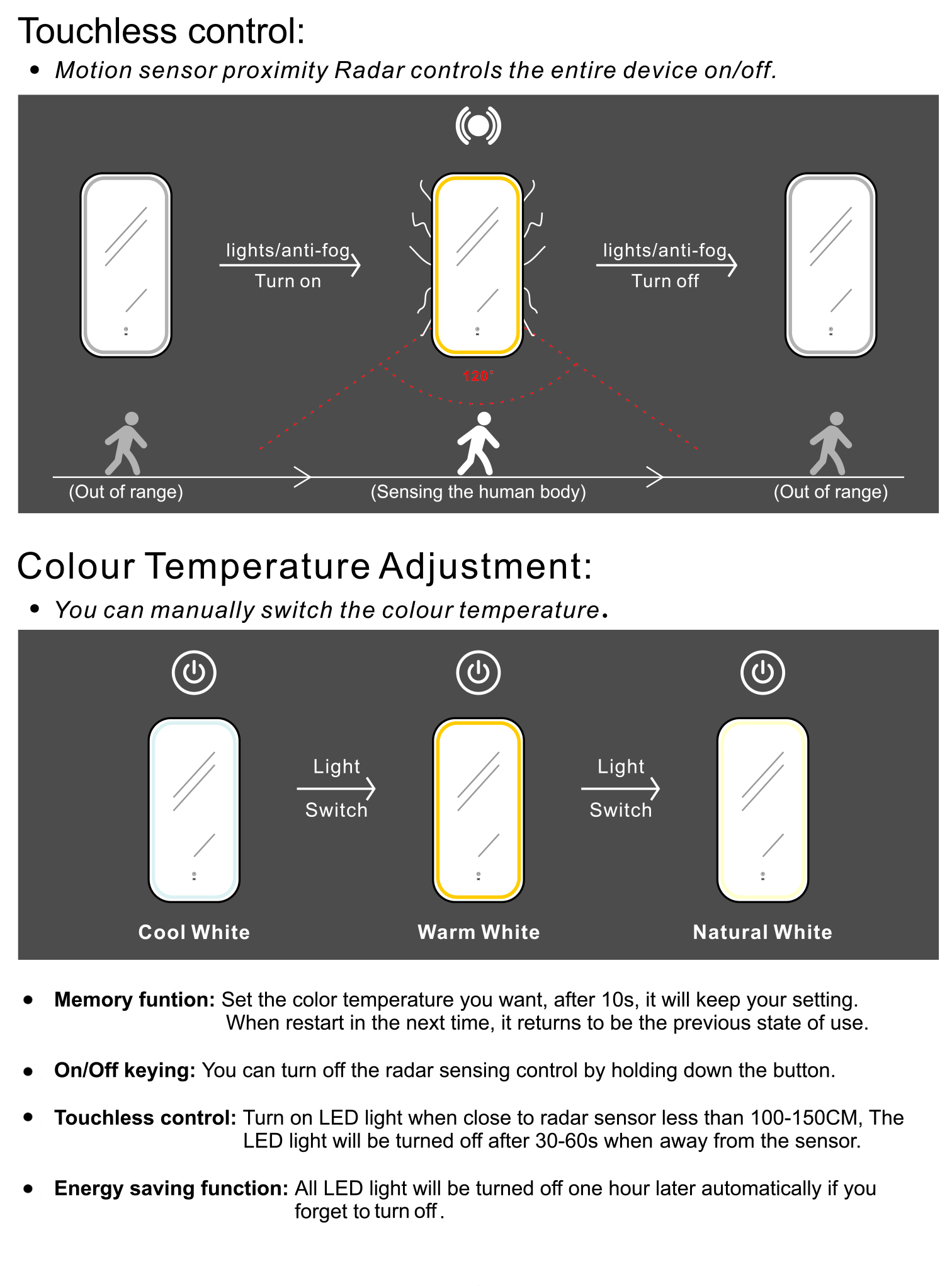 OTTI LED Newport 900(H)x450(W) White Metal Frame Tuffi Mirror