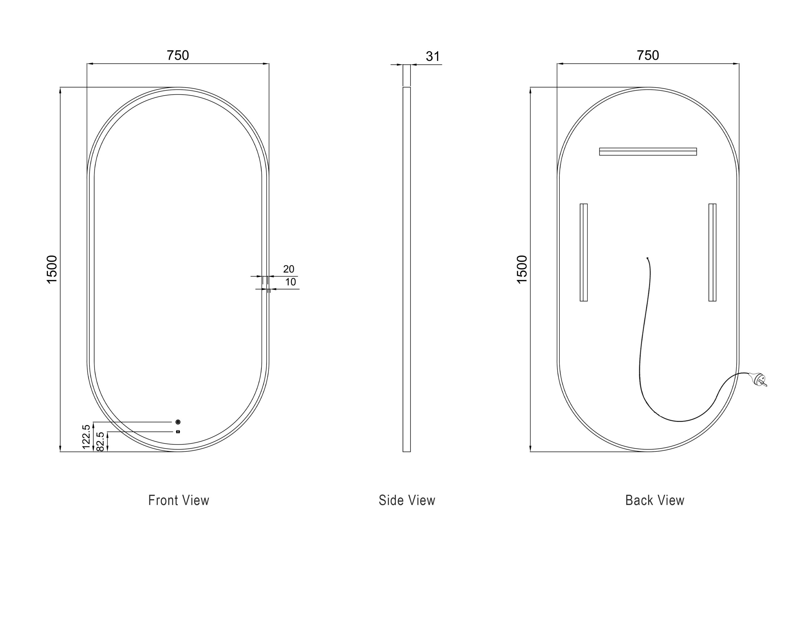 OTTI LED Noosa 1500(W)x750(H) Black Metal Frame Tuffi Mirror- Install Horizontal or Vertical