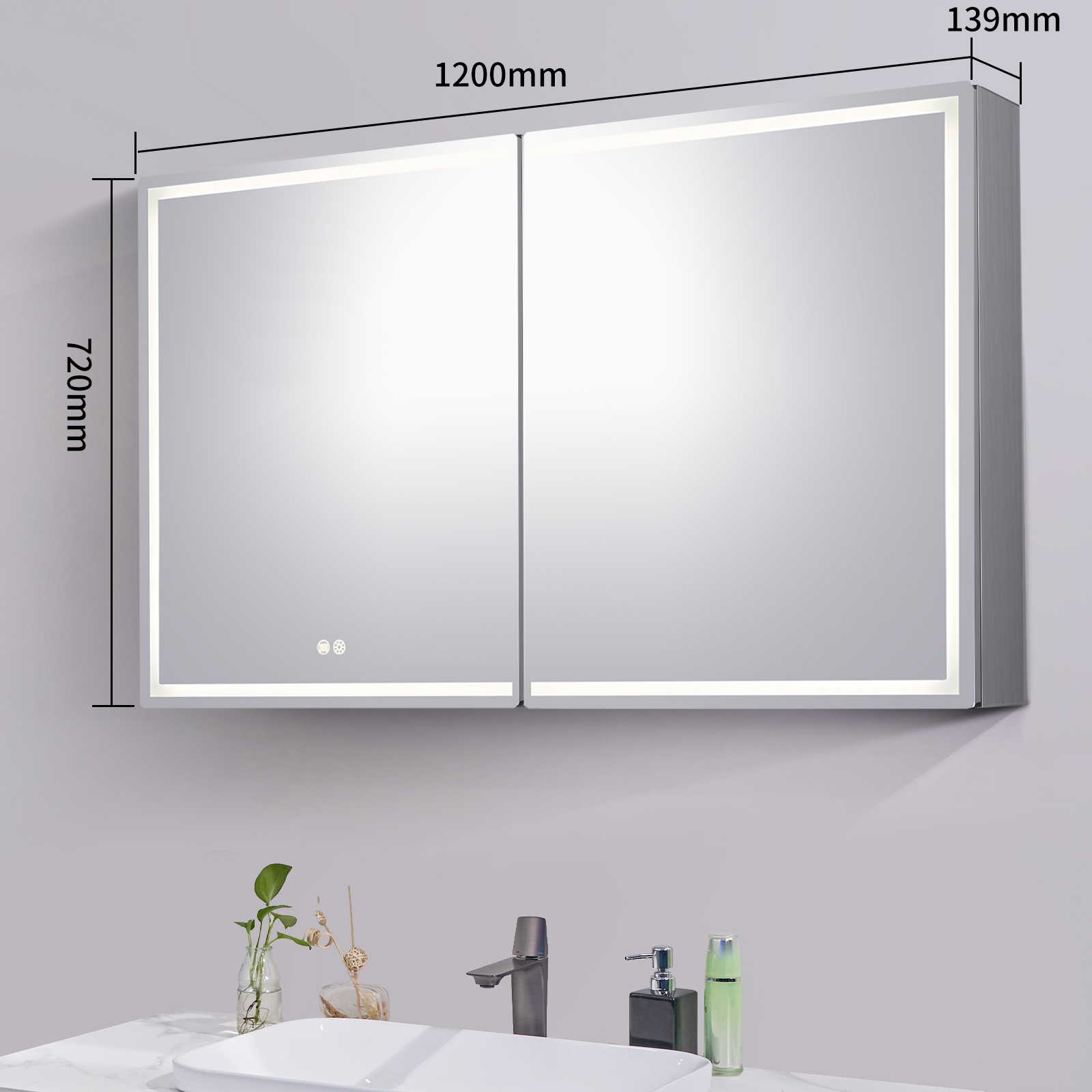 1200*720*139mm Silver Brushed Rectangular LED Mirror Shaving Cabinet(Double Doors,Anti-Fogging)