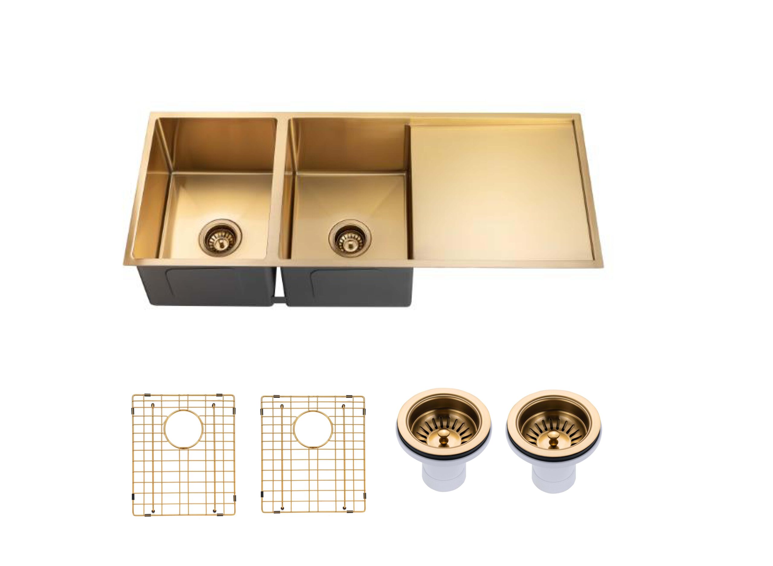 Aquaperla Round Corner Stainless Steel Brushed Brass gold PVD Coating Double Bowl with Drain Board Kitchen Sink(with Bottom Tray) 1160*460*230mm