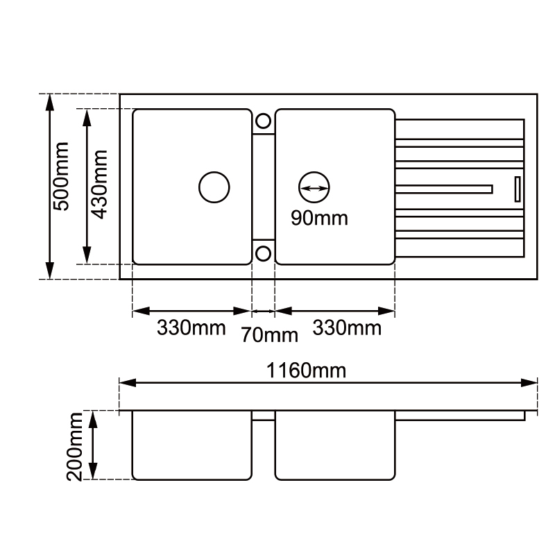 Black Arete Stone Granite Double Bowl with Drain Board Kitchen Sink (1160×500×200 mm)