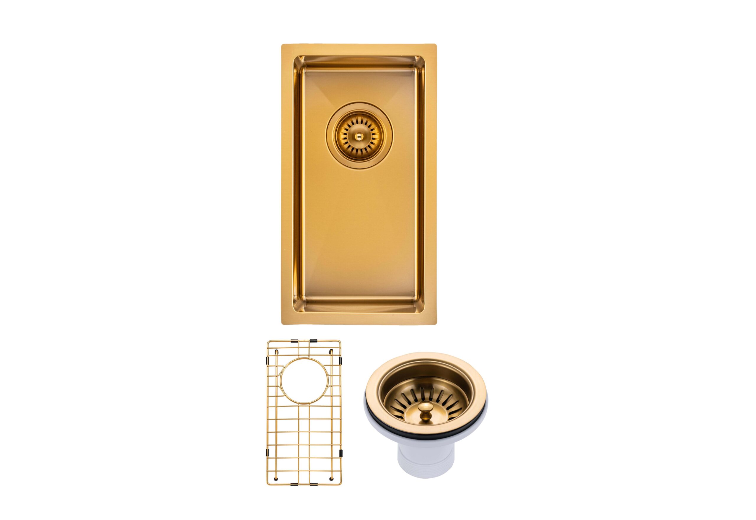 (C-250 Gold)Round Corner Stainless Steel Brushed Brass PVD Coating Single Bowl Kitchen Sink(with Bottom Tray) 250*450*215mm