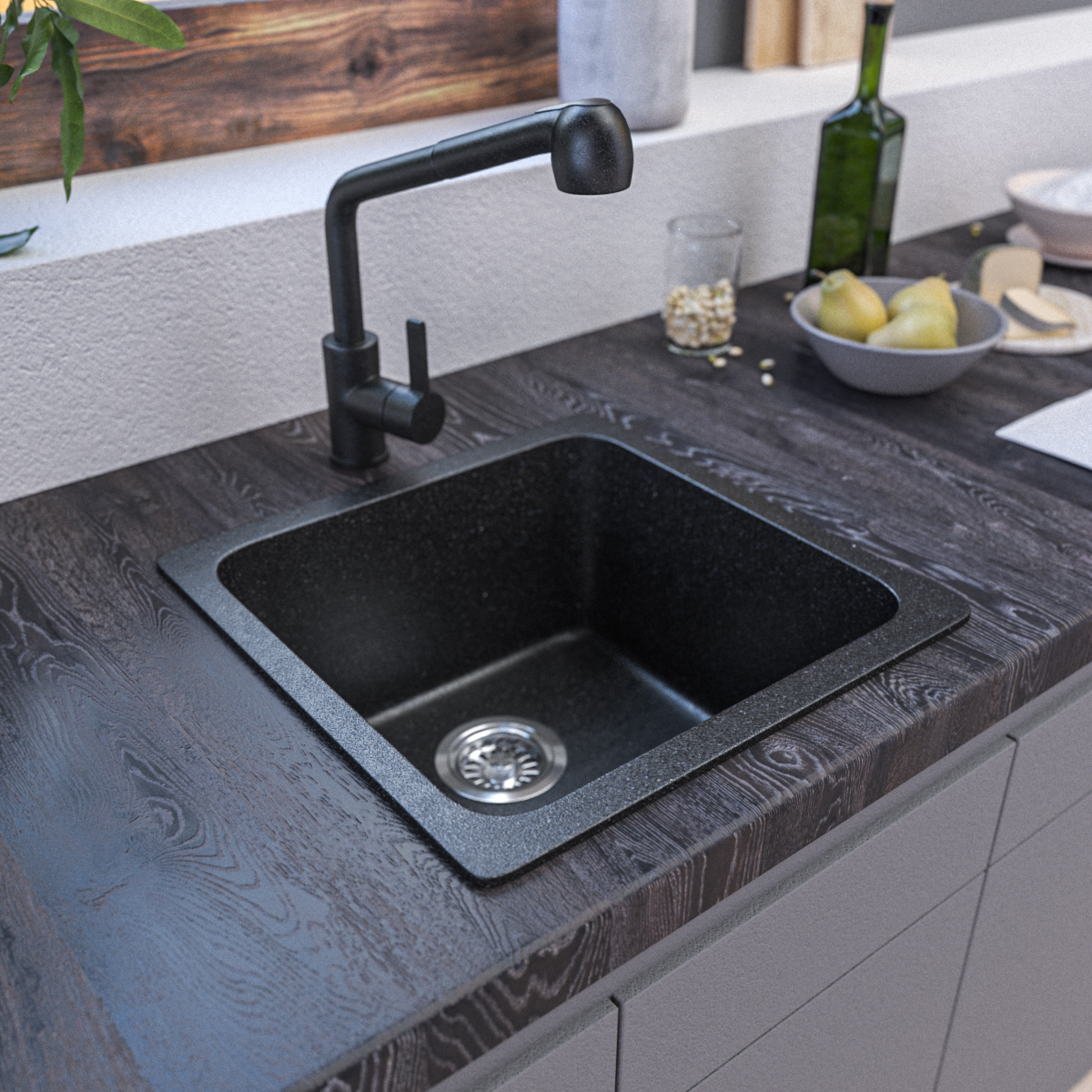420 x 420mm Black Granite Sink – Single Bowl | Scratch & Stain Resistant