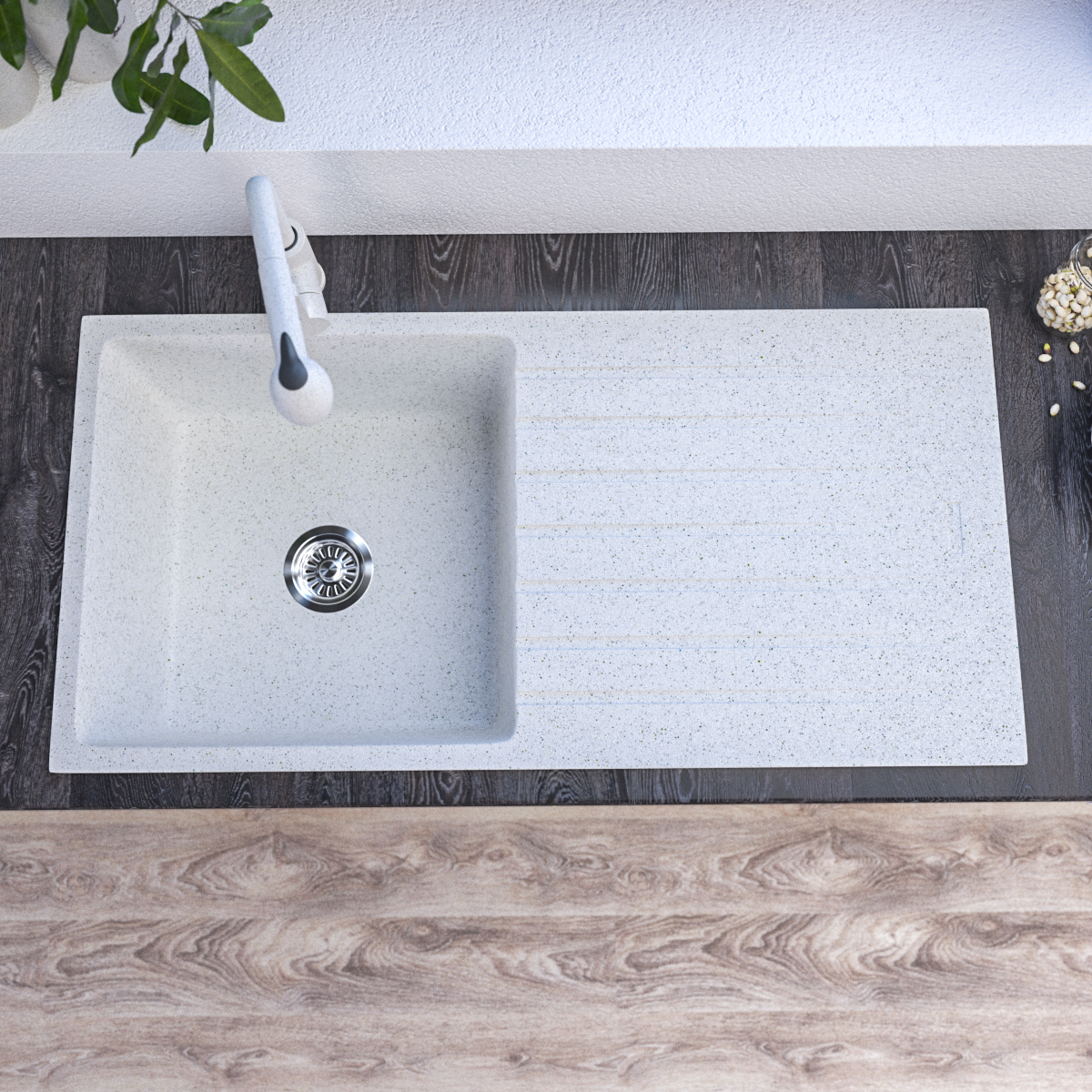 1000x500White Single Bowl Granite Sink with Drainer – Scratch & Stain Resistant