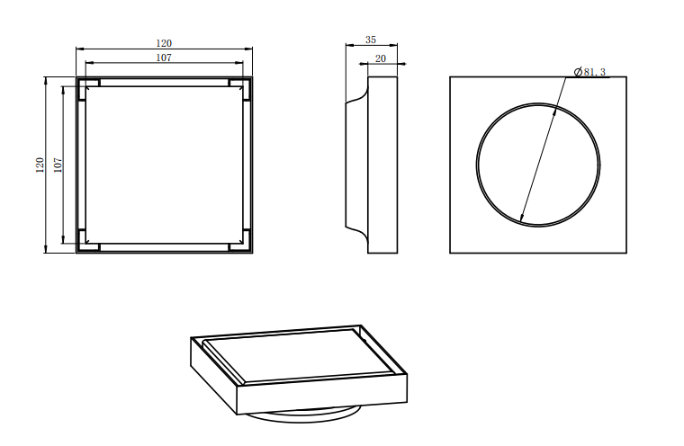 120×120mm Black Stainless Steel Tile Insert Floor Drain (80mm Outlet)