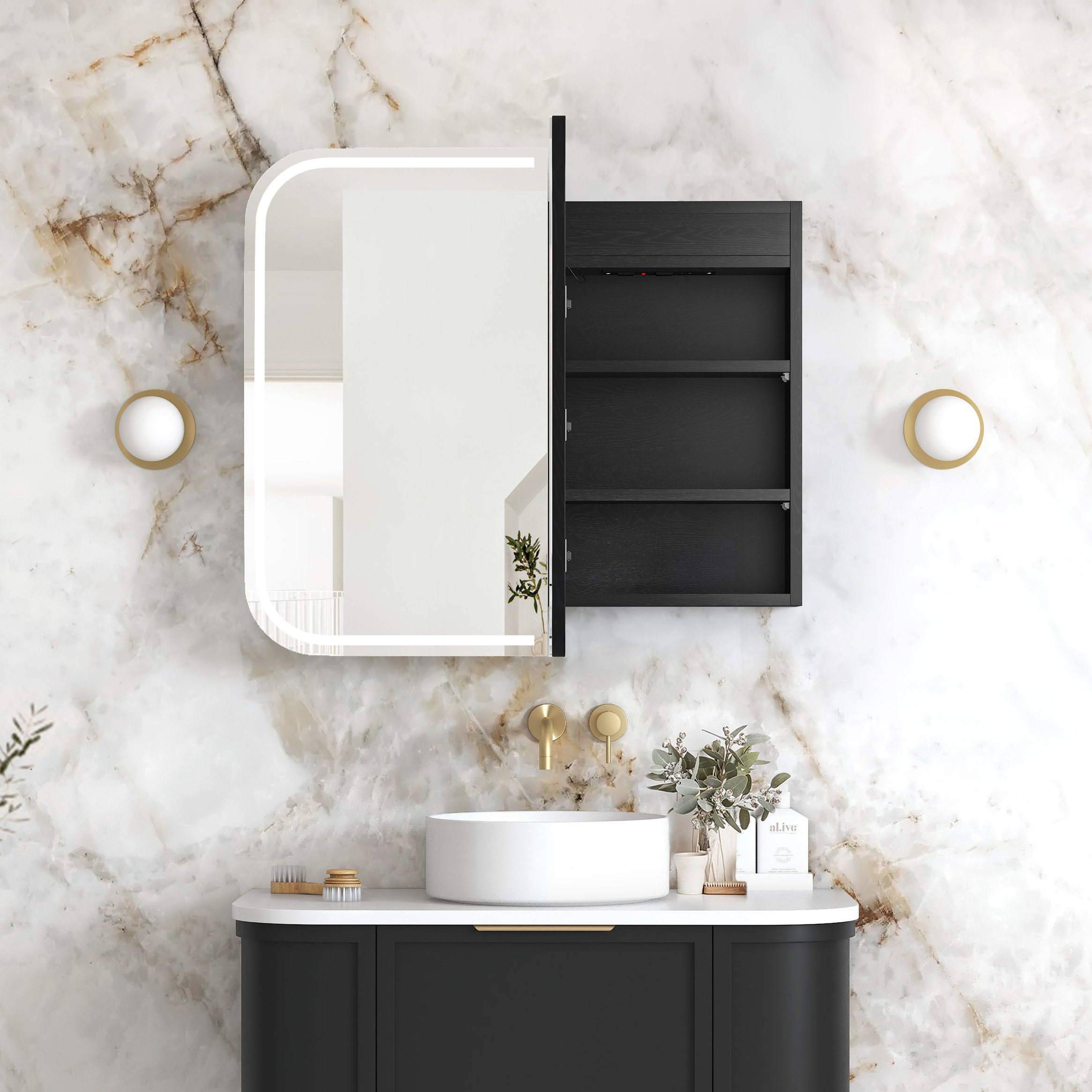 LED Newport 900(W)x750(H) Black Oak Shaving Cabinet - Premium Edition