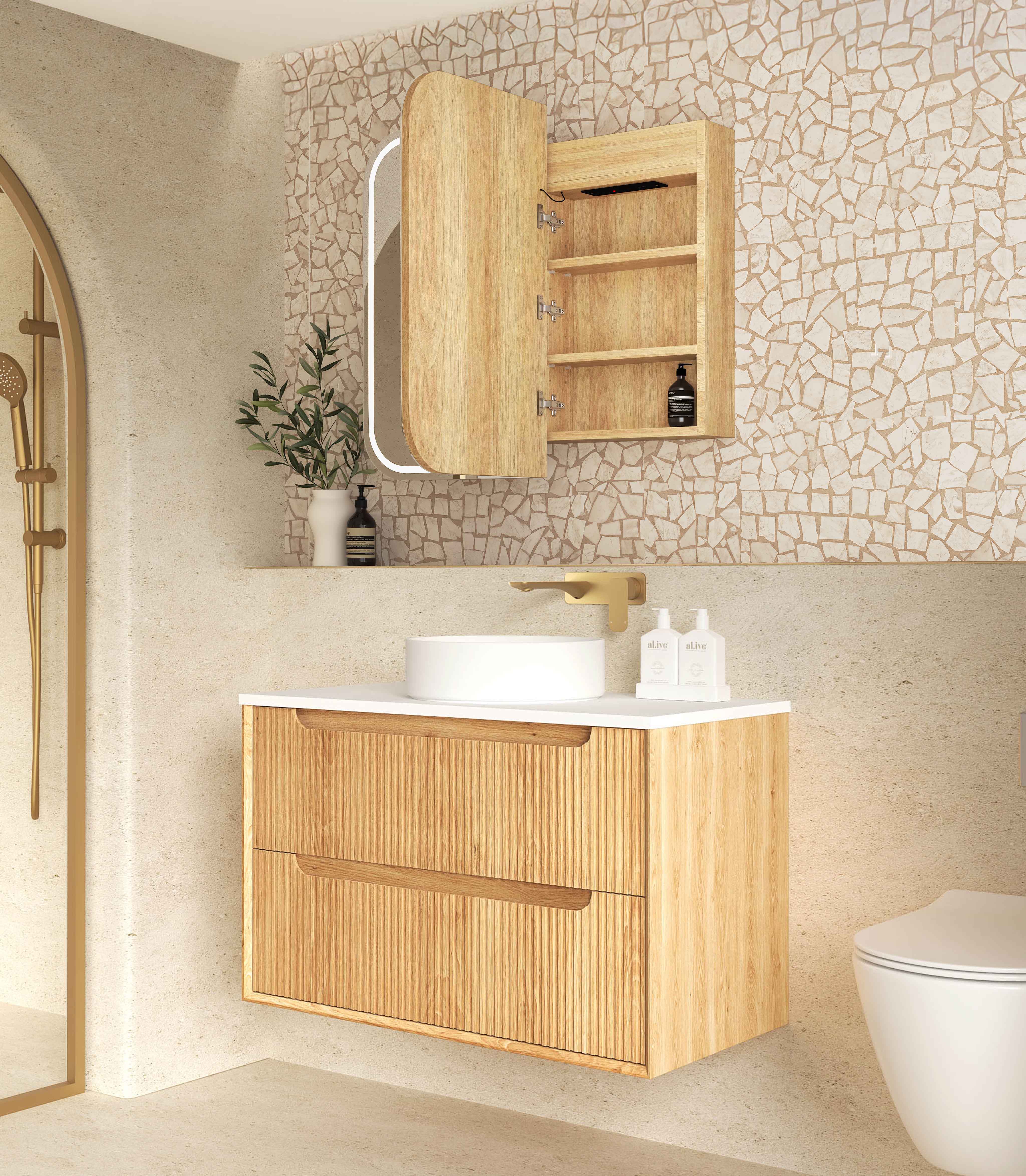 LED Newport 900(W)x750(H) Natural Oak Shaving Cabinet - Premium Edition