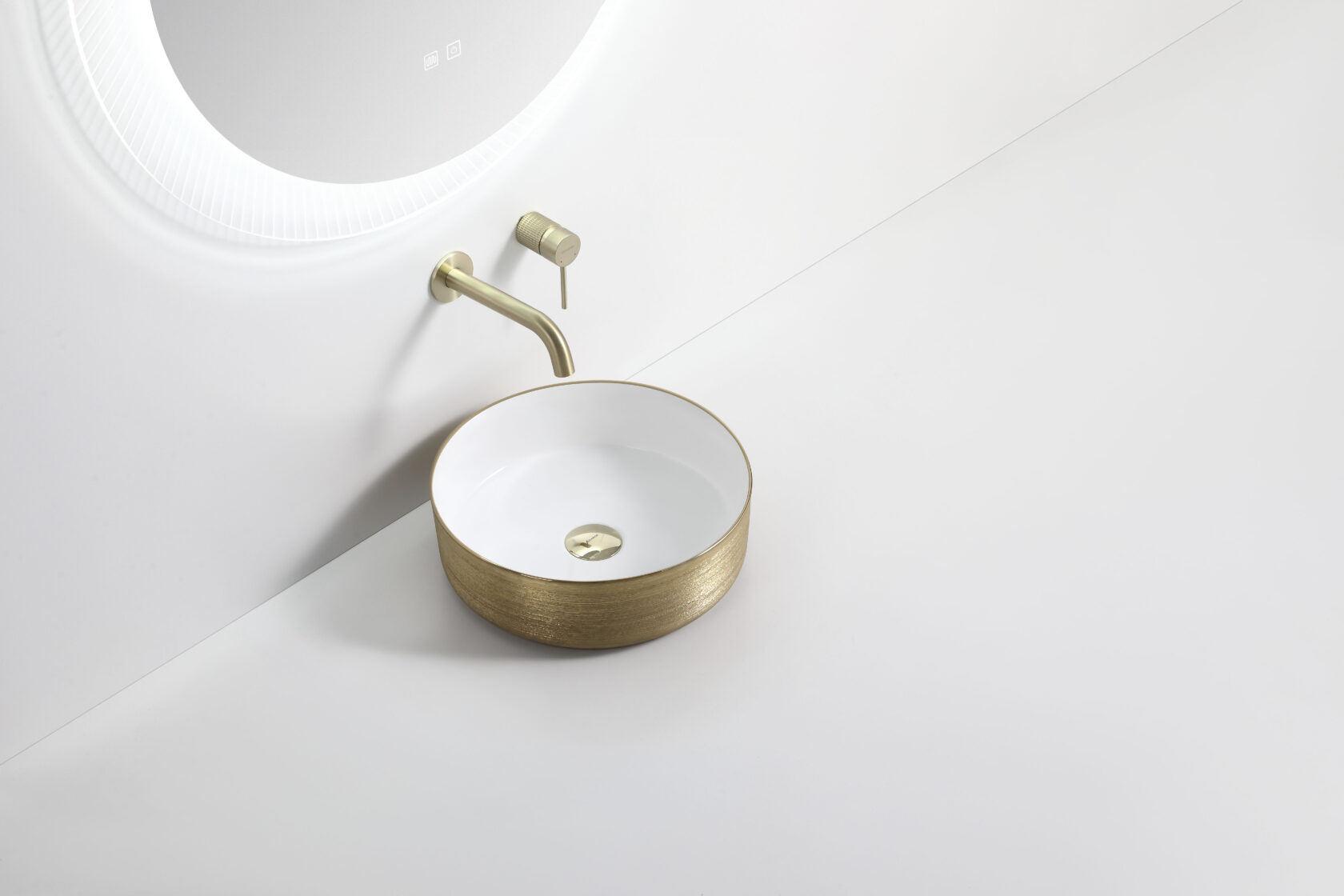 Riva 3018 Round Brushed Glod & Gloss White Ceramic Above Counter Basin