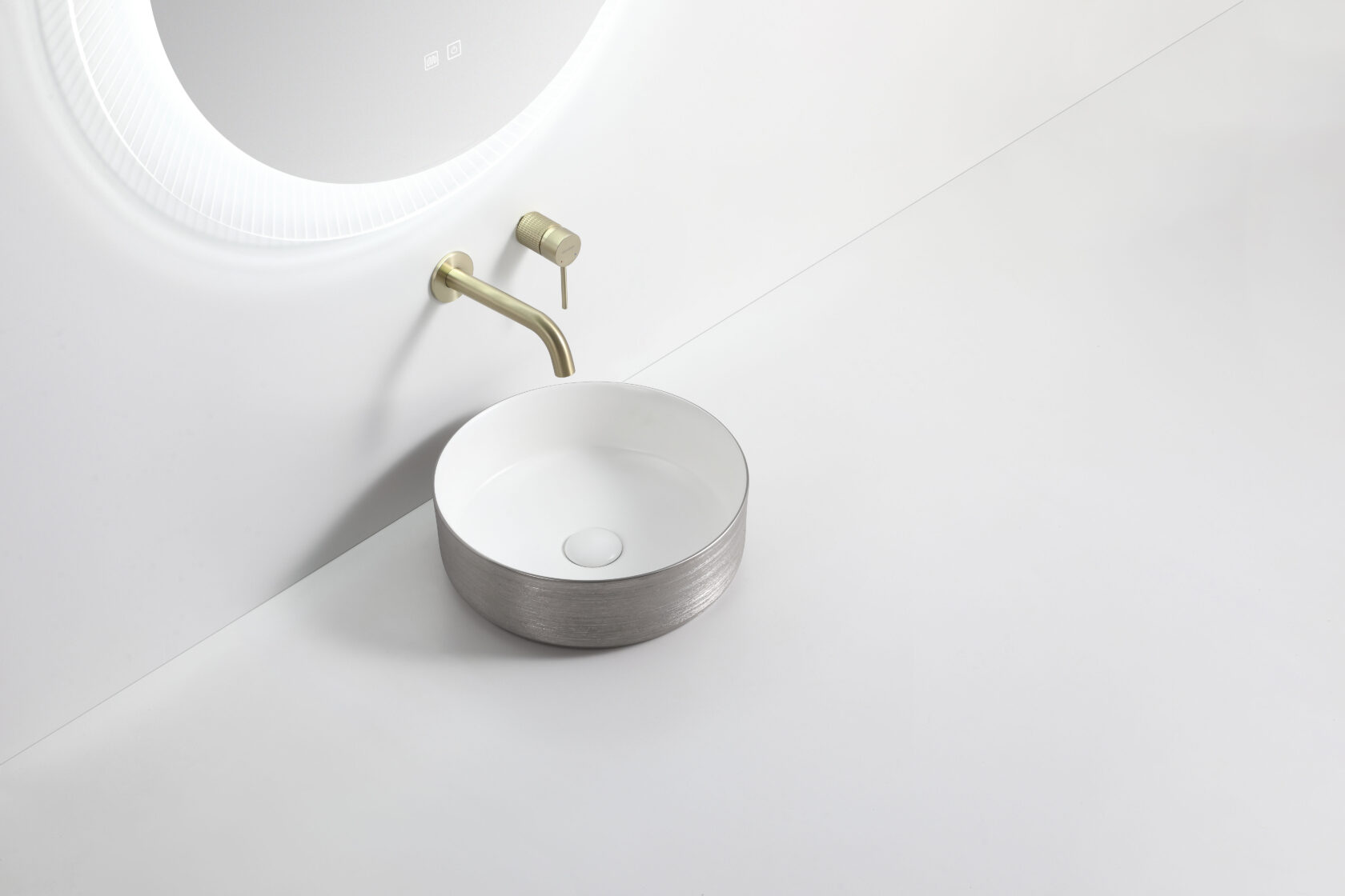 Riva 3018 Round Brushed Silver & Gloss White Ceramic Above Counter Basin