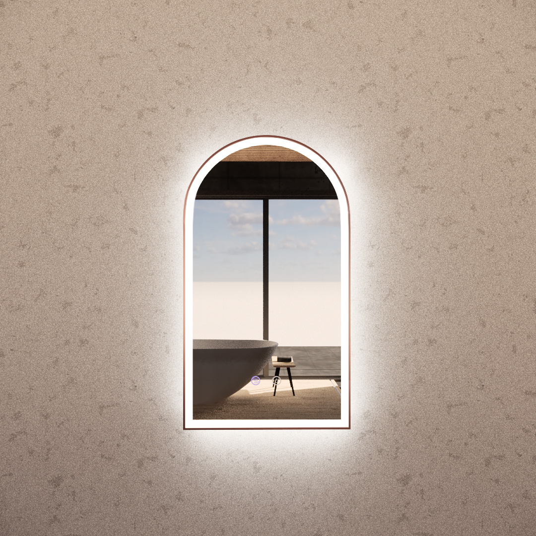 Brushed Copper Framed Arch LED Mirror with Easy Hooks and Dimmer - MLED-AR2-8045BC 800x450mm
