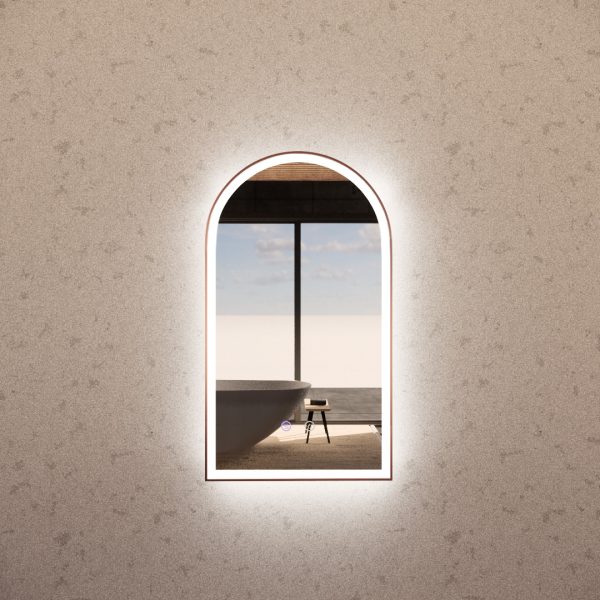 Brushed Copper Framed Arch LED Mirror with Easy Hooks and Dimmer - MLED-AR2-8045BC 800x450mm
