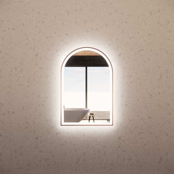 Brushed Copper Framed Arch LED Mirror with Easy Hooks and Dimmer - MLED-AR2-9060BC 900x600mm