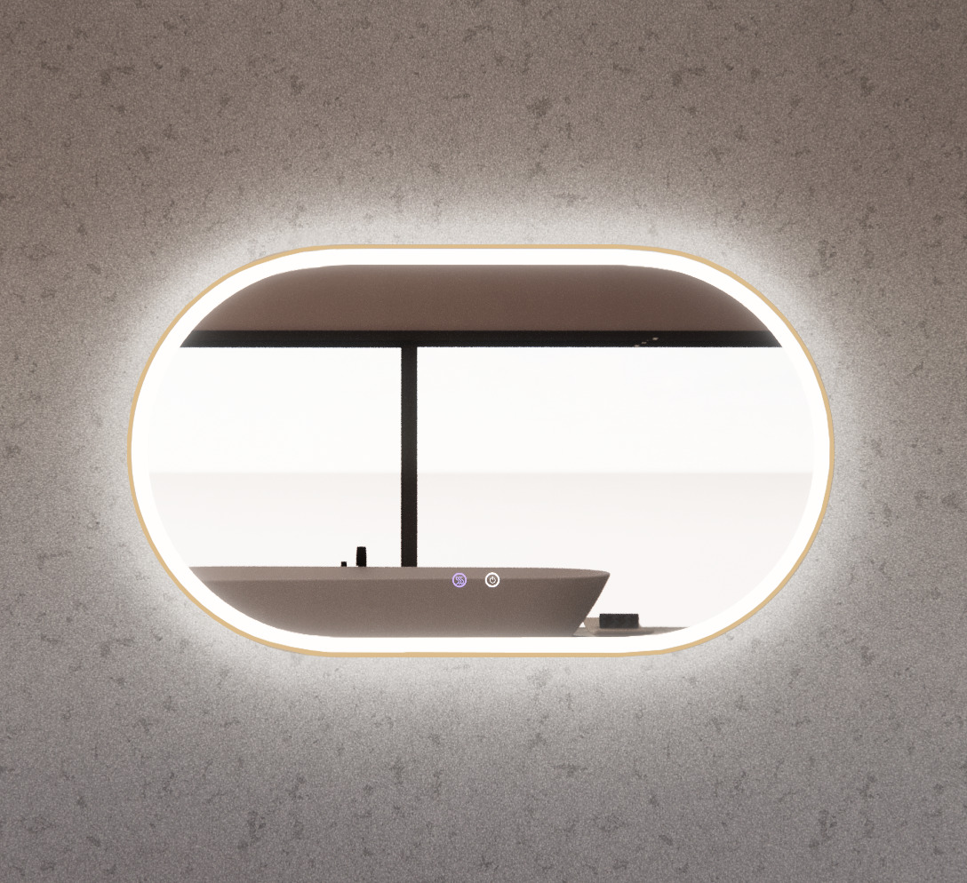 Riva Brushed Gold Framed Oval LED Mirror with Easy Hooks and Dimmer - MLED-O1-1270GF 1200x700mm