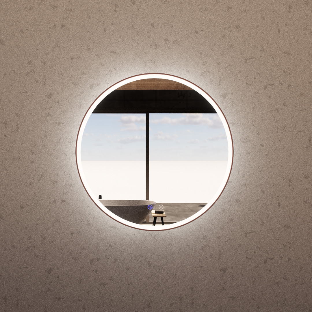 Brushed Copper Framed R3 LED Mirror Round with Easy Hooks and Dimmer - MLED-R3-8080BC 800x800mm