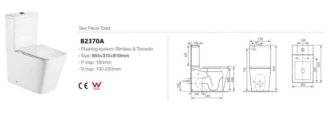 Anatolian Ceramic Toilet - White, Dual Flush, Tornado Rimless, Soft-Close Lid