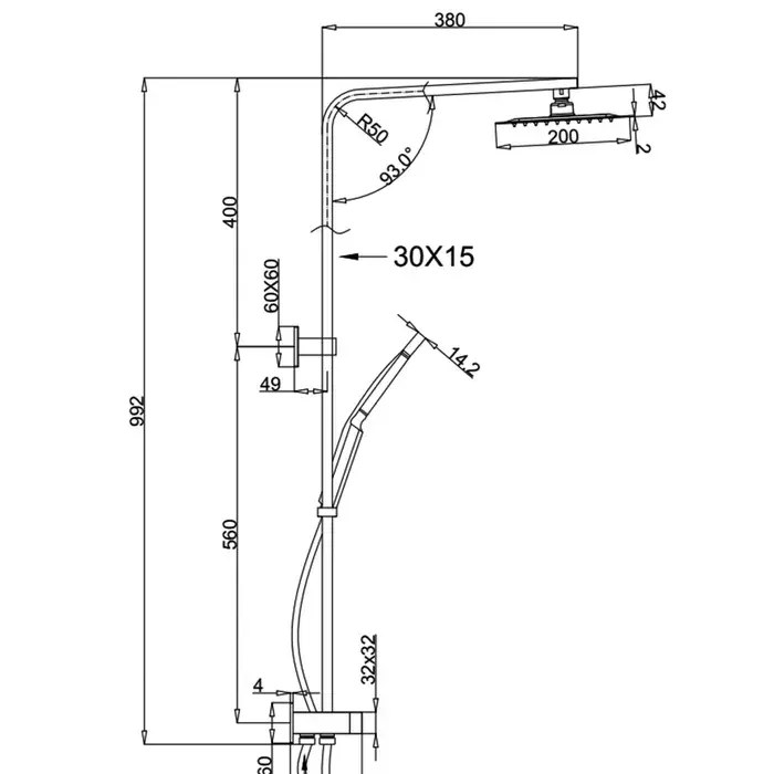 Taran 200mm Twin Shower On Rail Bottom Inlet Square